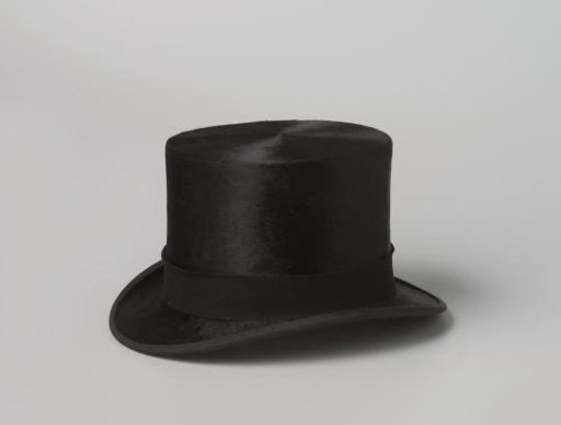 High hat of black silk plush, with black wool mourning band, lined with white leather headband; with the initials F G