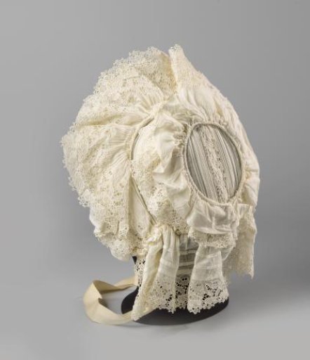 Canopy hat of batiste, openwork strips, white satin chin straps