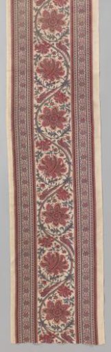 Curtain heading of imitation chintz, printed on sturdy white cotton with a wide border pattern of wavy twigs with palmette rosette flowers and birds