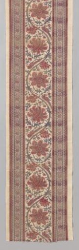 Valance of imitation chintz, printed on sturdy white cotton with a wide border pattern of wavy twigs with palmette rosette flowers and birds