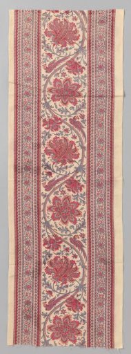 Valance of imitation chintz, printed on sturdy white cotton with a wide border pattern of wavy twigs with palmette rosette flowers and birds