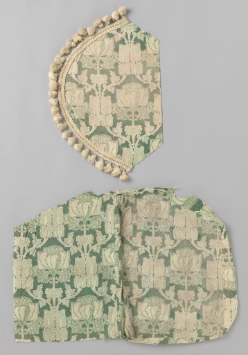 Three cushion covers for garden bench of heavy green-and-white printed cotton with pattern of iris or lily flowers in pointed oval ascending stems in the style of William Morris