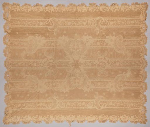 Tablecloth or Coverlet of Appliqué Lace with Stripes and Flowering Branches, with White Lining