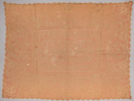 Spread of machine-made relief lace with pink lining