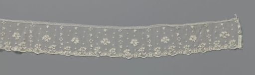 Strip of needle lace with rosettes around flower sprigs with oval leaves