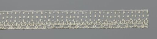 Strip of needle lace with three rows of twigs, flowers and wheel picots