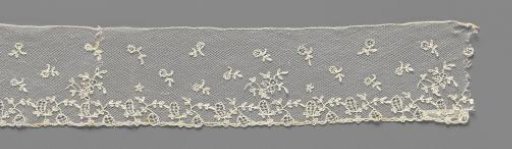 Strip of needle lace with a scattered pattern of rosette flowers on stems, a leaf garland along the lower edge, an openwork oval and round flower