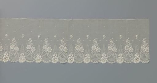 Strip of machine lace with linked U-shaped fields with a small flower sprig inside and a hanging rosette flower below