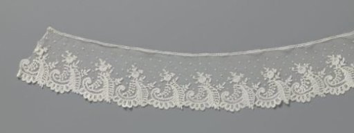 Strip of appliqué lace with C-scroll and feather-shaped leaf