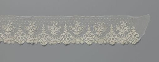 Strip of appliqué lace with symmetrical scroll motif