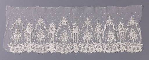 Strip of appliqué lace with U-shaped cartouches with bows and flower garlands above and bellflowers below