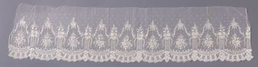 Strip of appliqué lace with U-shaped cartouches with bows and flower garlands above and bellflowers below