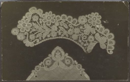 Photo of a lace handkerchief corner and a fragment (collar?) with flower and leaf motifs