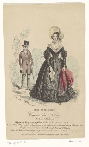 Fashion print of a lady in a black dress with a double white lace collar, in the background a gentleman with a top hat and trees