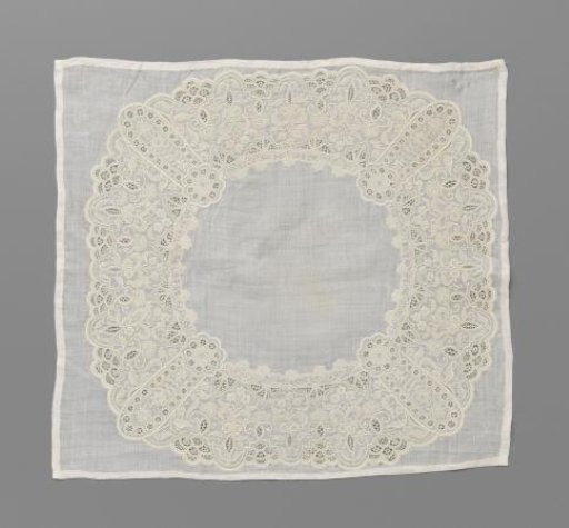 Handkerchief of Batiste with a Richly Worked Broad Border of Embroidery with Twelve Symmetrical Flower Sprays between Rosette with Loop and Needle Lace Stitches in Openwork Parts