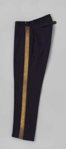 Breeches of dark blue cloth with gold-colored decorative band on the side seams