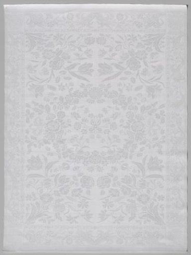 Floral wreath with two ribbons, a crowned monogram in the corners