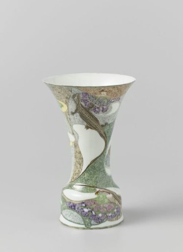 Vase of bone porcelain, polychrome painted with lizards and plants