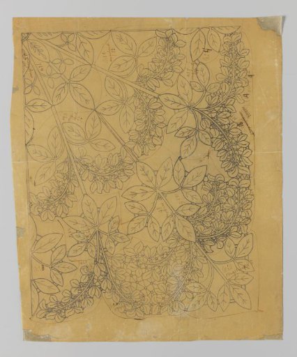 Design drawing on tracing paper for a bobbin lace cloth with golden branch tendrils and flowers