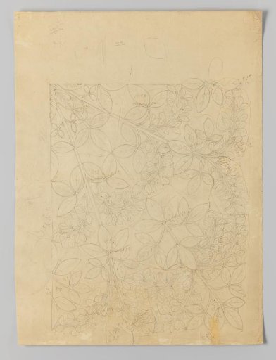 Design drawing on drawing paper for a bobbin lace cloth with golden branch tendrils and flowers