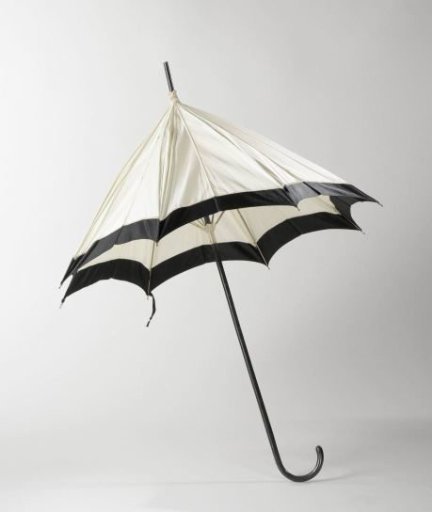 Parasol with canopy of plain white silk, trimmed with broad black border on a black-painted stick with round hook