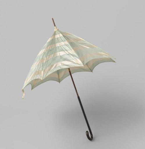 Parasol with canopy of broad blue-and-white striped satin on a black-painted wooden stick with round hook
