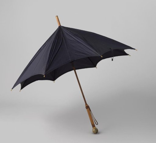 Umbrella with dark blue plain silk cover, wooden shaft, brown leather carrying strap and round horn knob