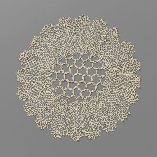 Round bobbin lace doily with a network of large hexagons with shapes in the center