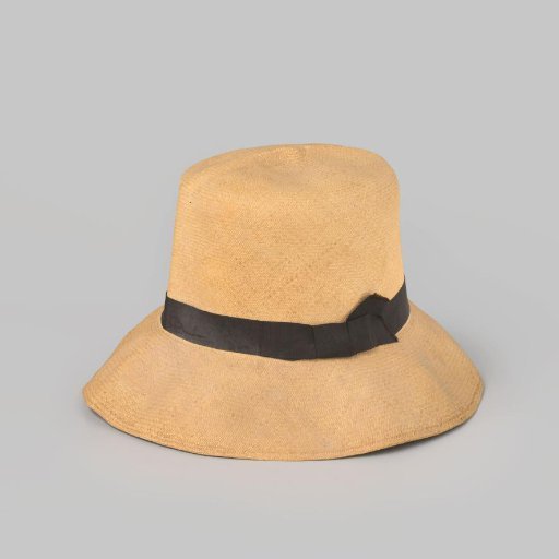 Garden hat of straw decorated with black grosgrain ribbon