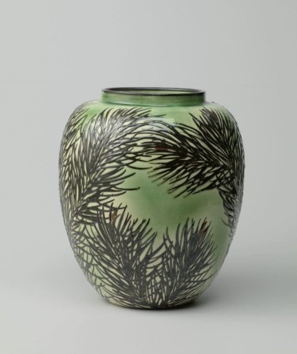 Earthenware vase, decorated in slip technique with fir branches