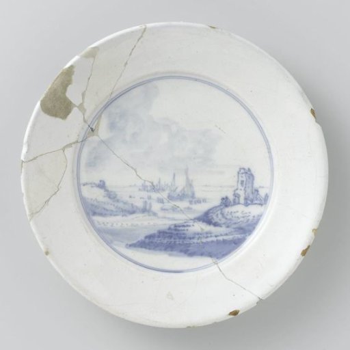Plaque with a blue-painted central panel depicting a river landscape with ships