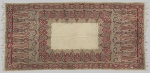 Rectangular Kashmir shawl of printed wool with an all-over pattern against a white field and a coloured border