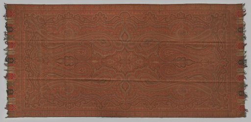 Rectangular palm shawl with an elongated, lobed central cartouche and a multicoloured all-over pattern