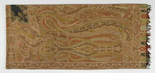 Rectangular cashmere shawl with a halved black field with multicoloured elongated botan and fan palm motifs