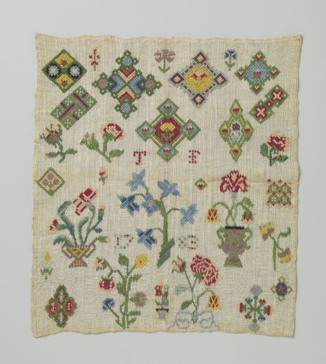 Embroidered linen canvas with multicoloured diamond and floral motifs in silk, worked in rococo or bundle stitch, with TF and 1783..