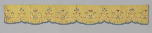 Lambrequin, part of a bed set, of yellow silk, embroidered with flowers and butterflies in multicoloured silk and bordered with blue passementerie