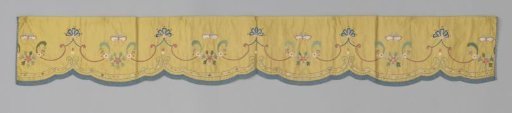 Lambrequin, part of a bed set, of yellow silk, embroidered with flowers and butterflies in multicoloured silk and bordered with blue passementerie