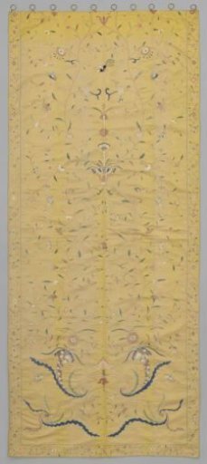 Curtain, yellow, embroidered with vases, floral scrolls, horn of plenty, peacocks and butterflies.