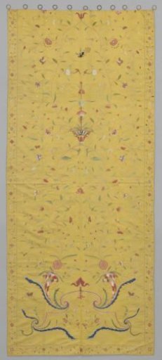 Curtain, yellow, embroidered with vases, floral scrolls, cornucopias, peacocks and butterflies.
