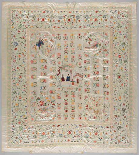 Spread with family scene and immortality symbols in the corners