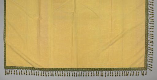 Curtain from a Bed Set of Yellow Watered Wool with Green Trim and Hanging Tassels