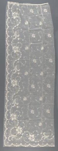 Bed curtain of glass batiste, decorated with tulle cutwork embroidery