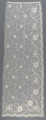 Bed curtain of glass batiste, decorated with tulle cutwork embroidery