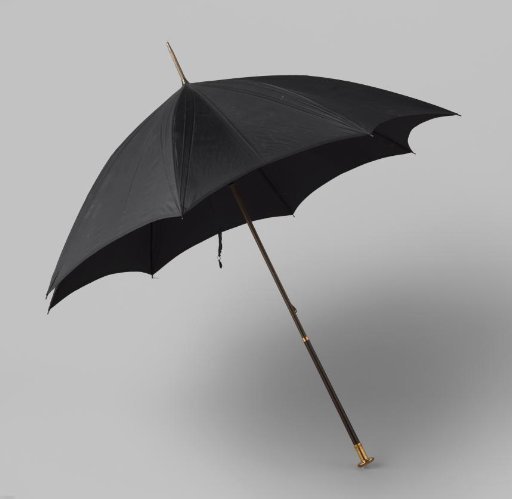 Parasol with a cover of plain black silk on a narrow dark wooden shaft with a gold-colored handle