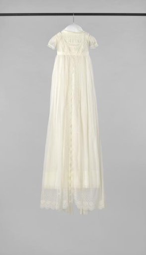 Baptismal Gown of Extra Fine Embroidered Batiste, with Ribbon Sash and Scalloped Skirt All Around