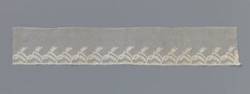 Strip of bobbin lace with V-shaped twigs bearing an ear of corn
