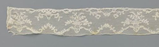 Strip of bobbin lace with hanging flower pot on a garland along the upper edge