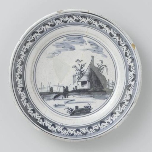 Plaque with a blue-painted central panel depicting a landscape with a house and figures; on the rim a leaf frieze