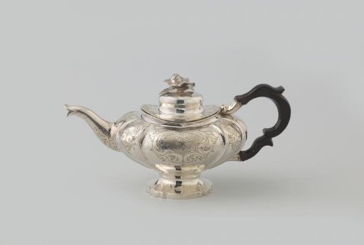 Teapot, oval with eight ribs, engraved with C-scrolls