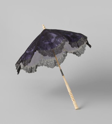 Carriage parasol with cover of machine-made Chantilly lace on lavender-blue taffeta, openwork bone stick